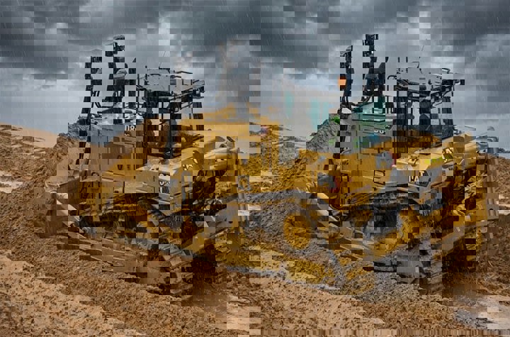 دستگاه کاترپیلار D8 در حال کار در هوای بارانی