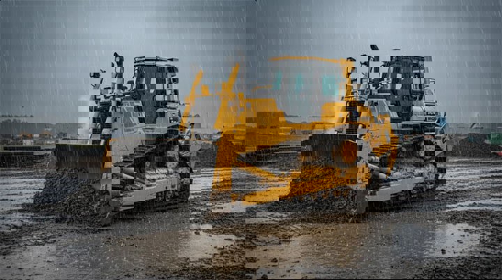 تصویری از بلدوزر کوماتسو 355 در هوای بارانی