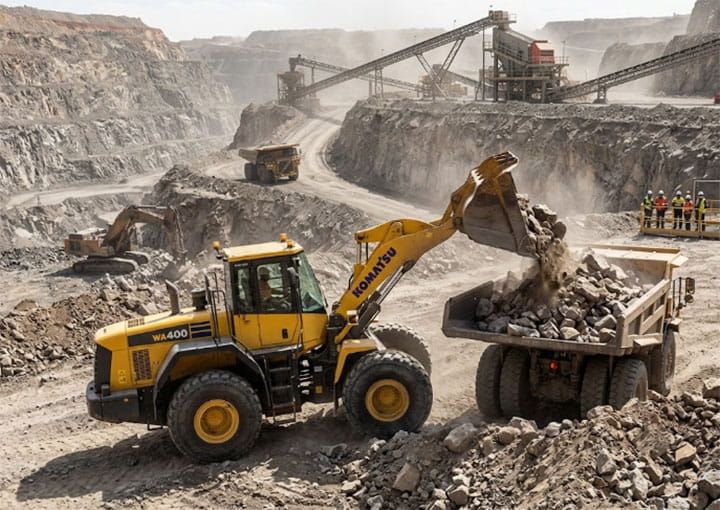 لودر 400 کوماتسو هنگام کار در معدن