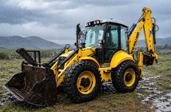 نمایی از بیل بکهو نیوهلند b115 در هوای بارانی